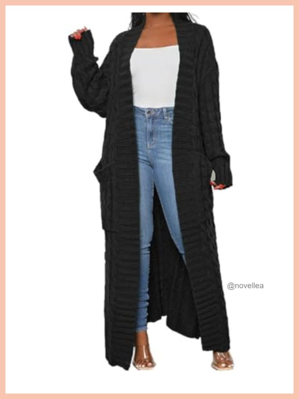 Womens Cable Knit Maxi Cardigan with Pockets Long Open Front Sweater